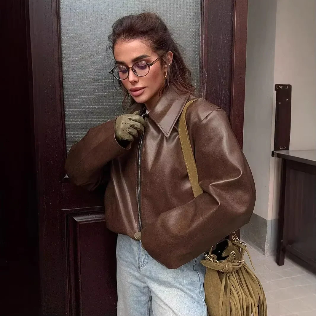 Amavira Faux Leather Zip Jacket – Oversized Bomber in Brown and Burgundy for Women - Image 4