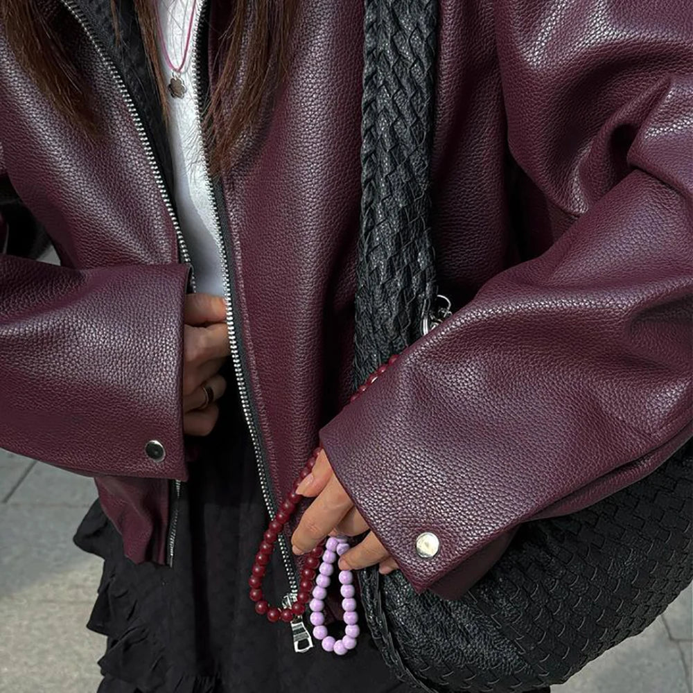 Amavira Faux Leather Zip Jacket – Oversized Bomber in Brown and Burgundy for Women - Image 7