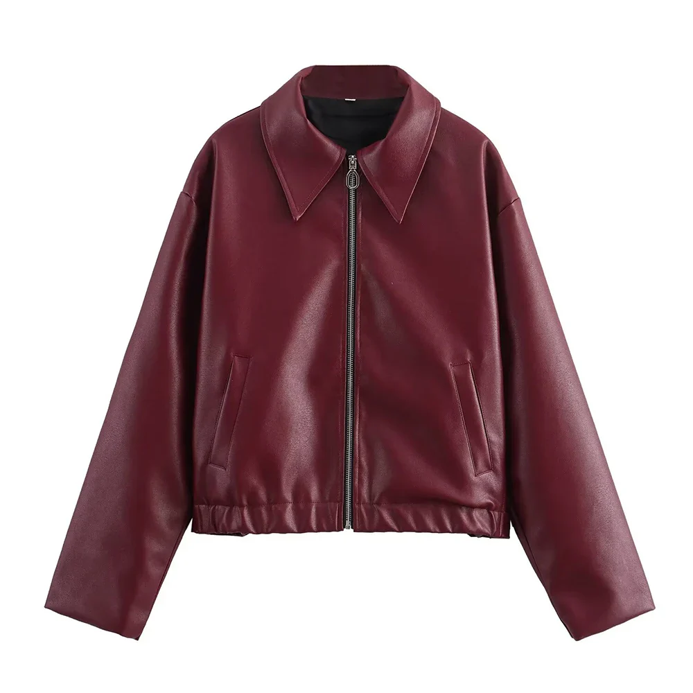 Amavira Faux Leather Zip Jacket – Oversized Bomber in Brown and Burgundy for Women - Image 8