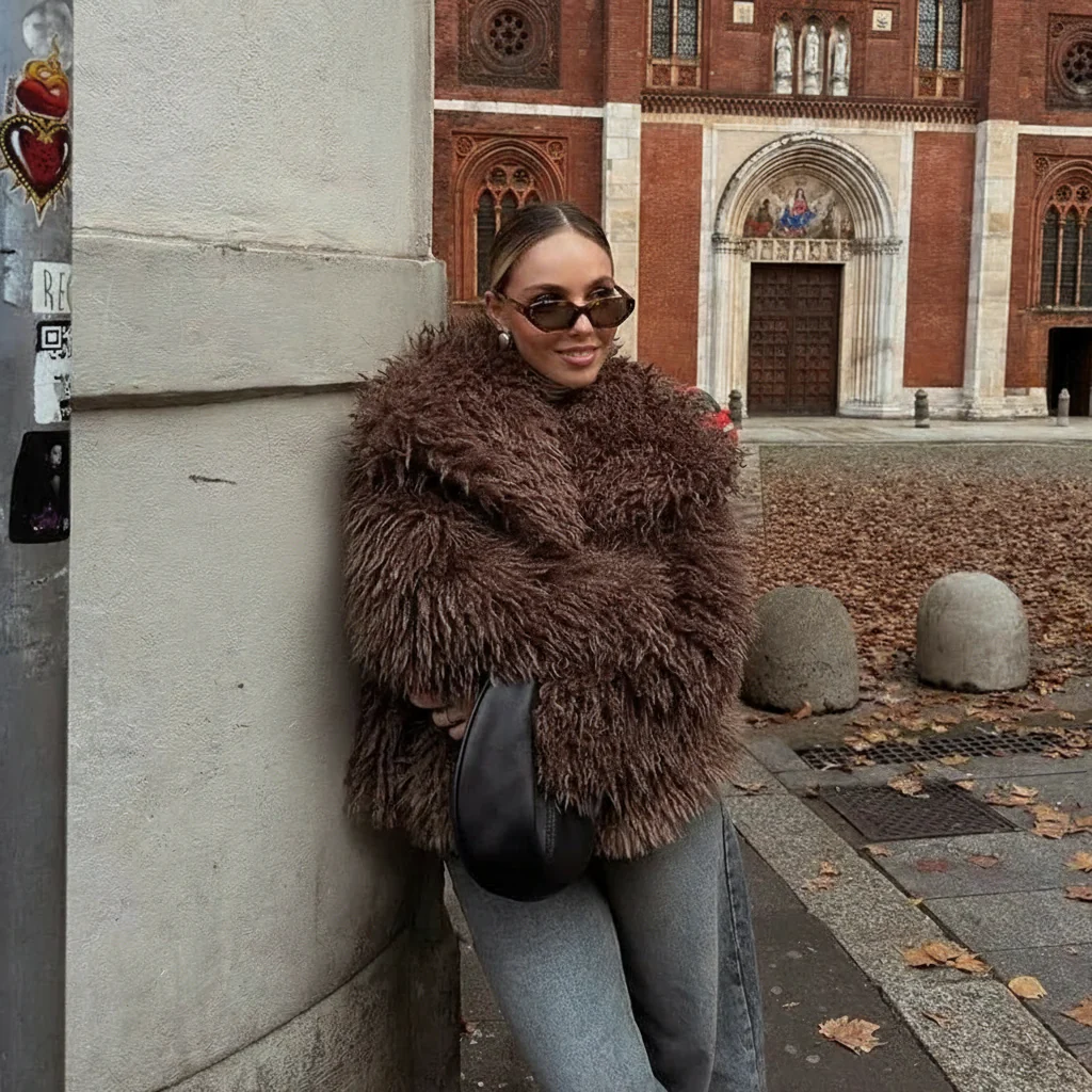 Elarra Faux Fur Shaggy Jacket – Women’s Oversized Mongolian Style Coat for Autumn Winter Outfits - Image 3