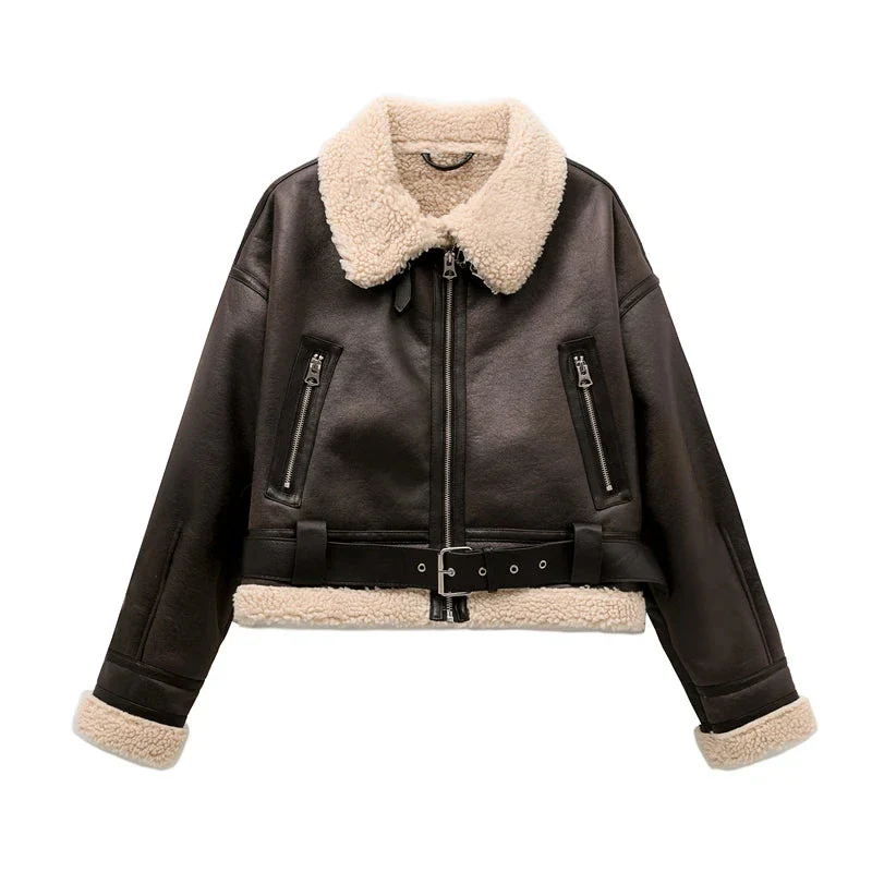 Kaelora Faux Leather Aviator Jacket – Shearling-Lined Belted Bomber for Women - Image 6