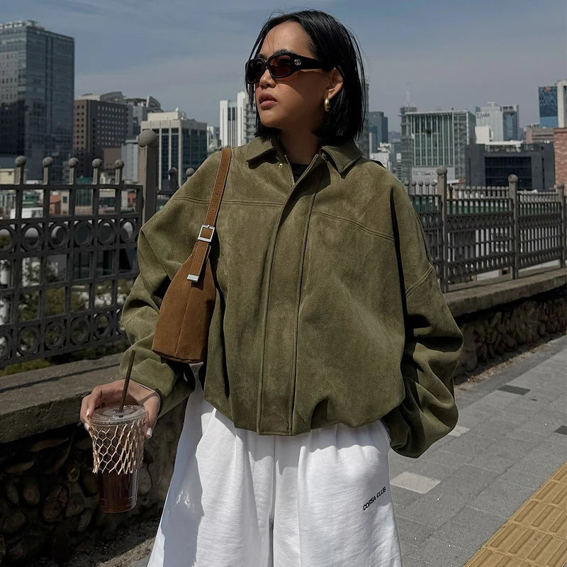 Sarvenna Faux Suede Balloon Bomber Jacket – Women’s Oversized Jacket in Black, Claret, Mocha & Khaki - Image 4